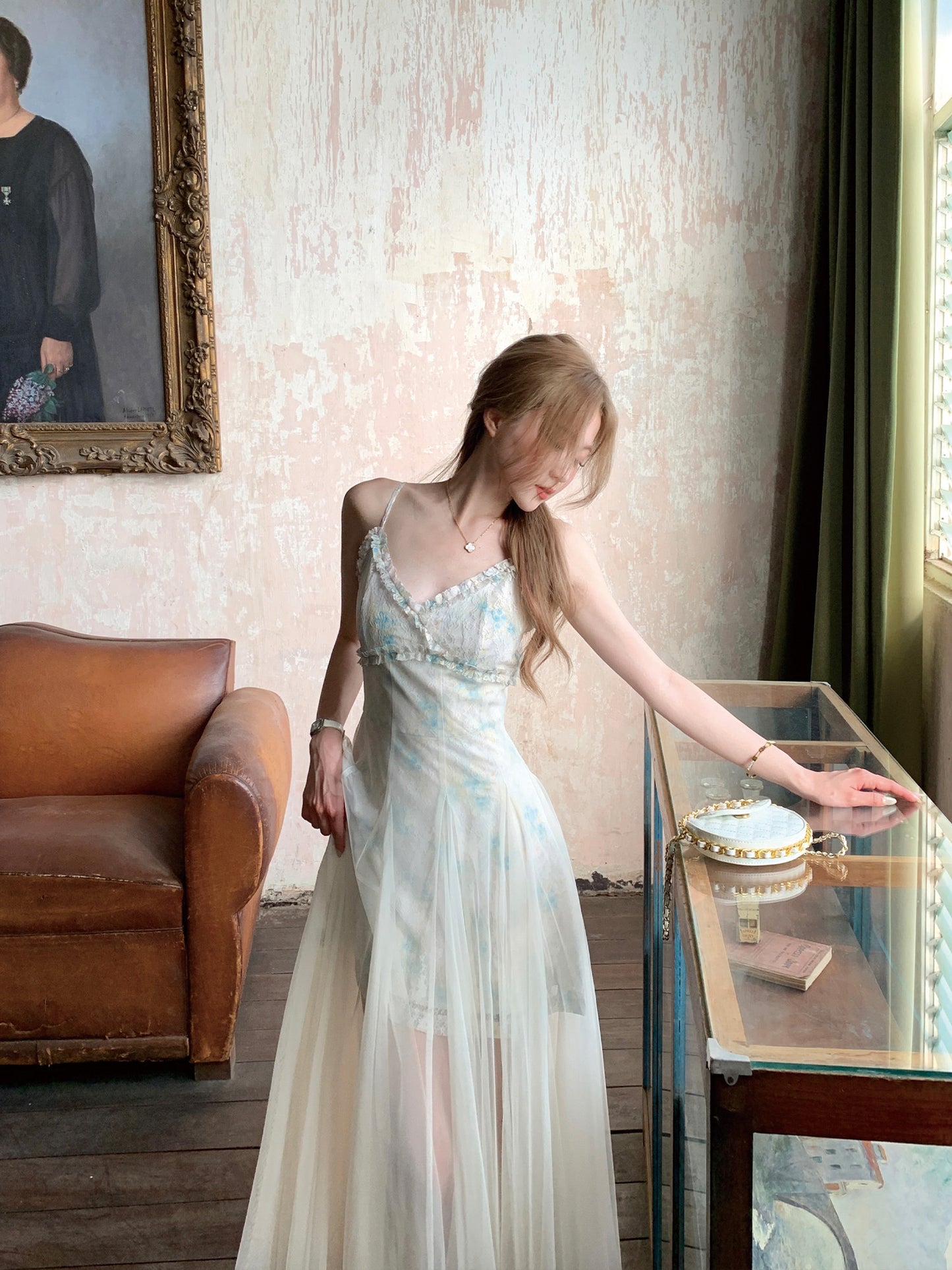 Mint green mesh dress fairy holiday lace summer suspender long dress new style R3873