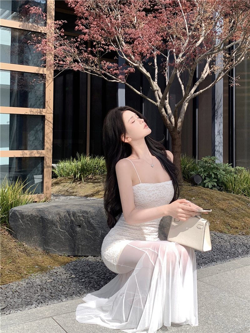 White lace suspender dress beautiful waist hip skirt R0526