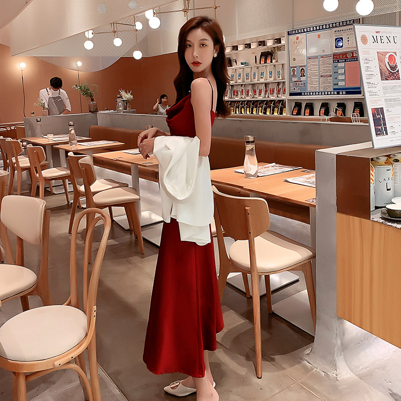 High-grade silk suspender dress with medium-length satin acetate for slimming R0983