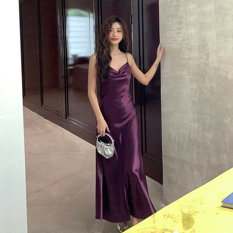 French satin suspender dress Hepburn long skirt with base purple A-line slim vest skirt R0984