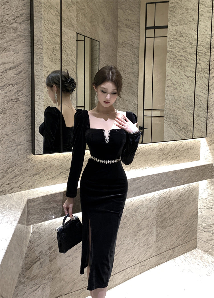 Hepburn style French black dress high-end niche temperament square neck long sleeve dress R1793