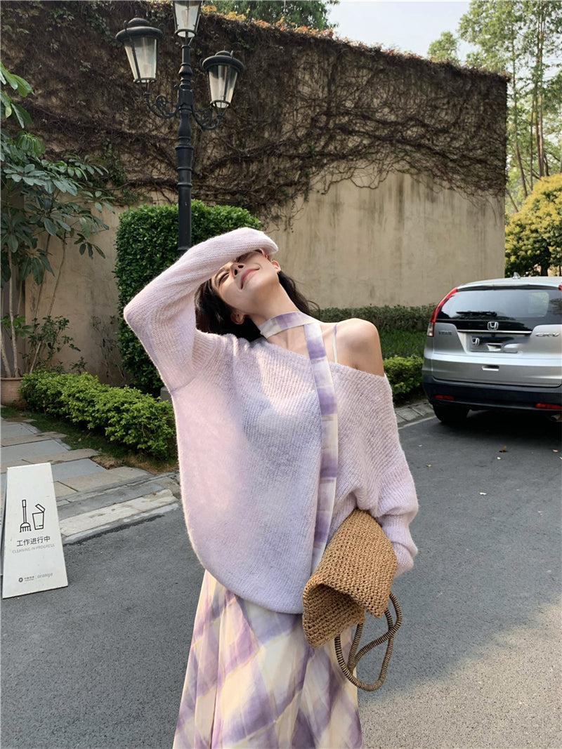 Gentle temperament purple plaid suspender dress beautiful waist A-line long skirt R0734