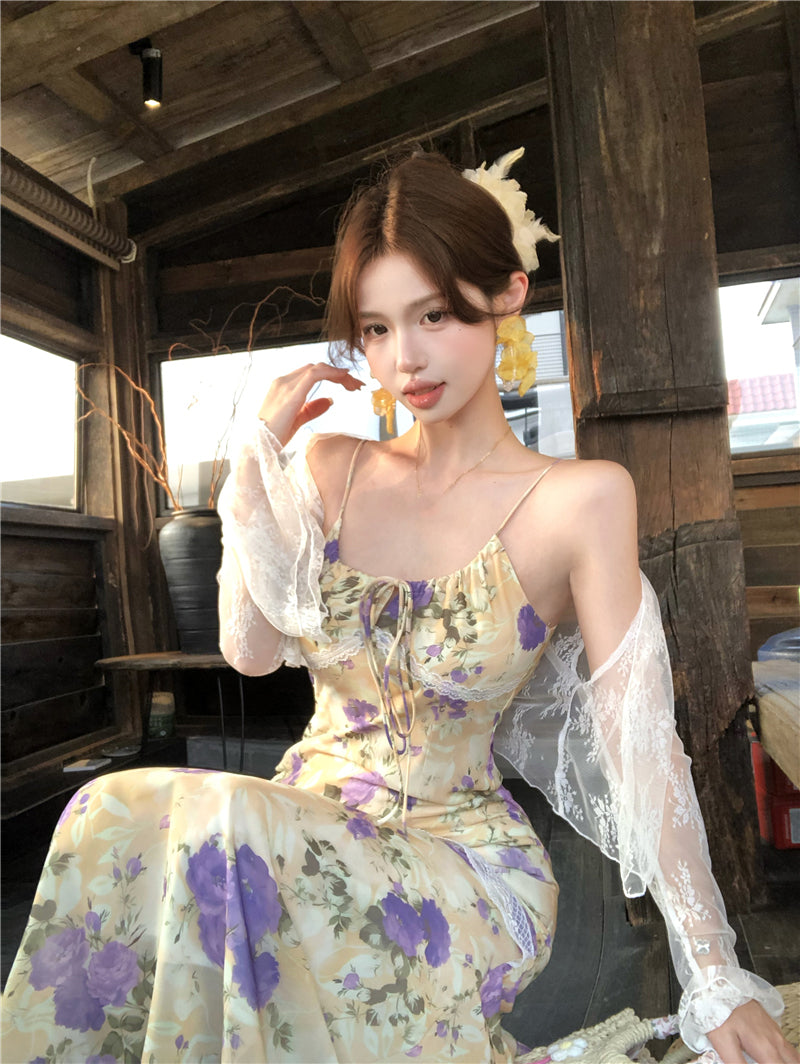 Beautiful floral fishtail suspender long dress slim hip dress R0628