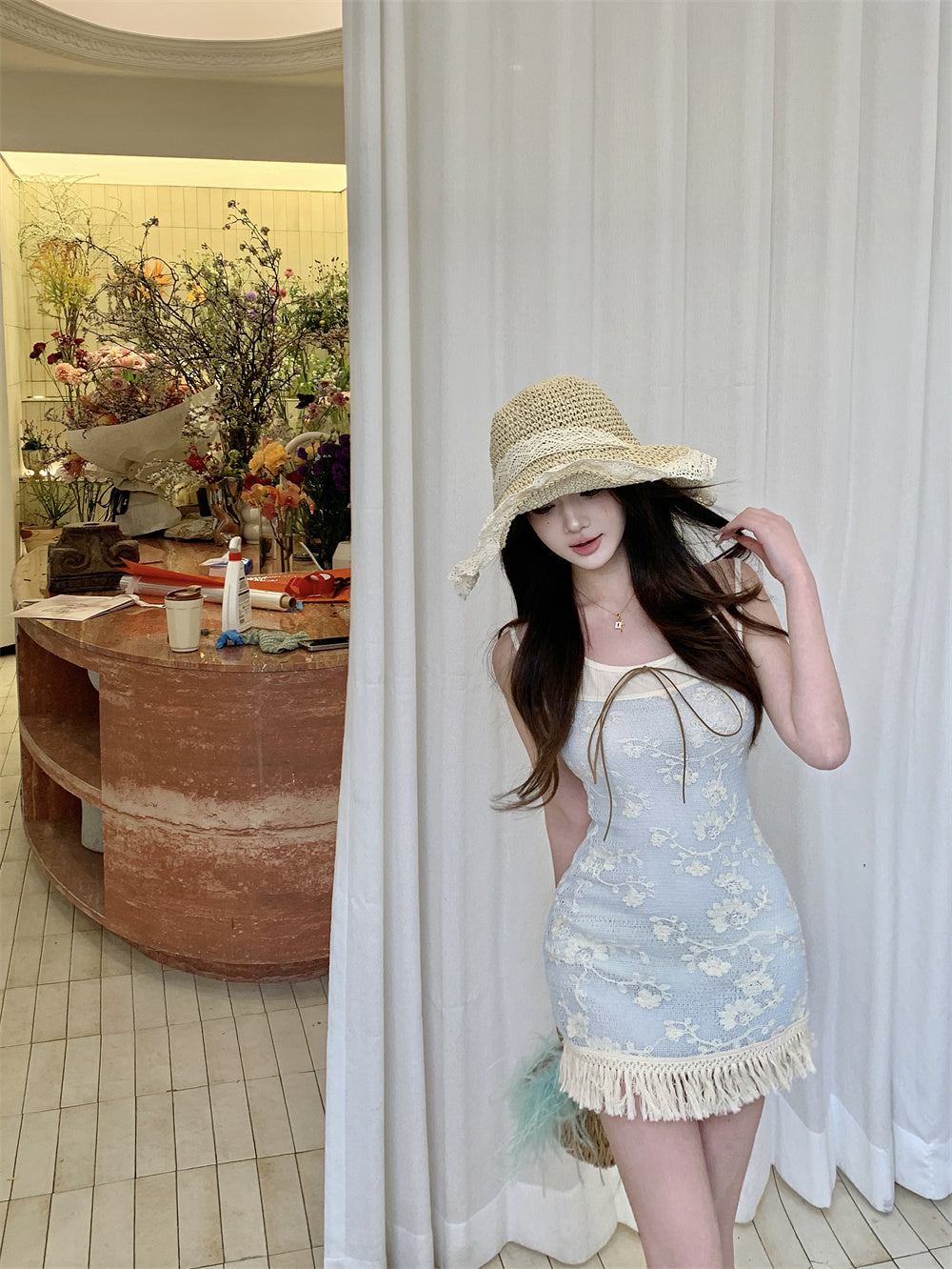 Blue jacquard suspender dress two-piece set beautiful waist slim hip skirt R0564