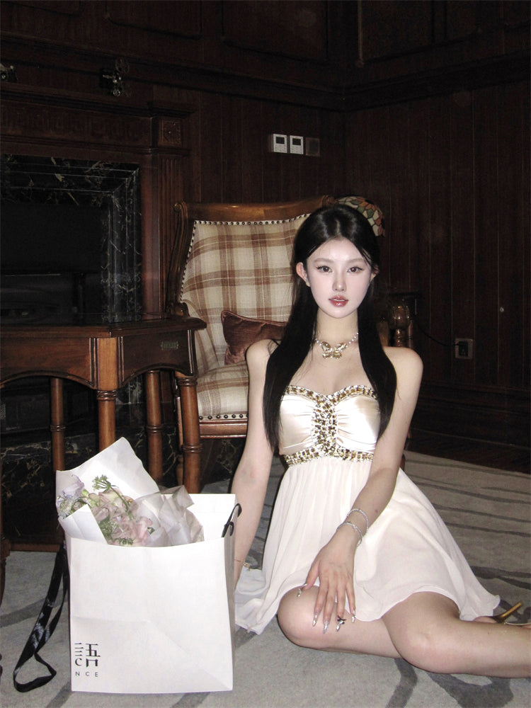 Sexy one-shoulder tube top dress with diamonds R0538