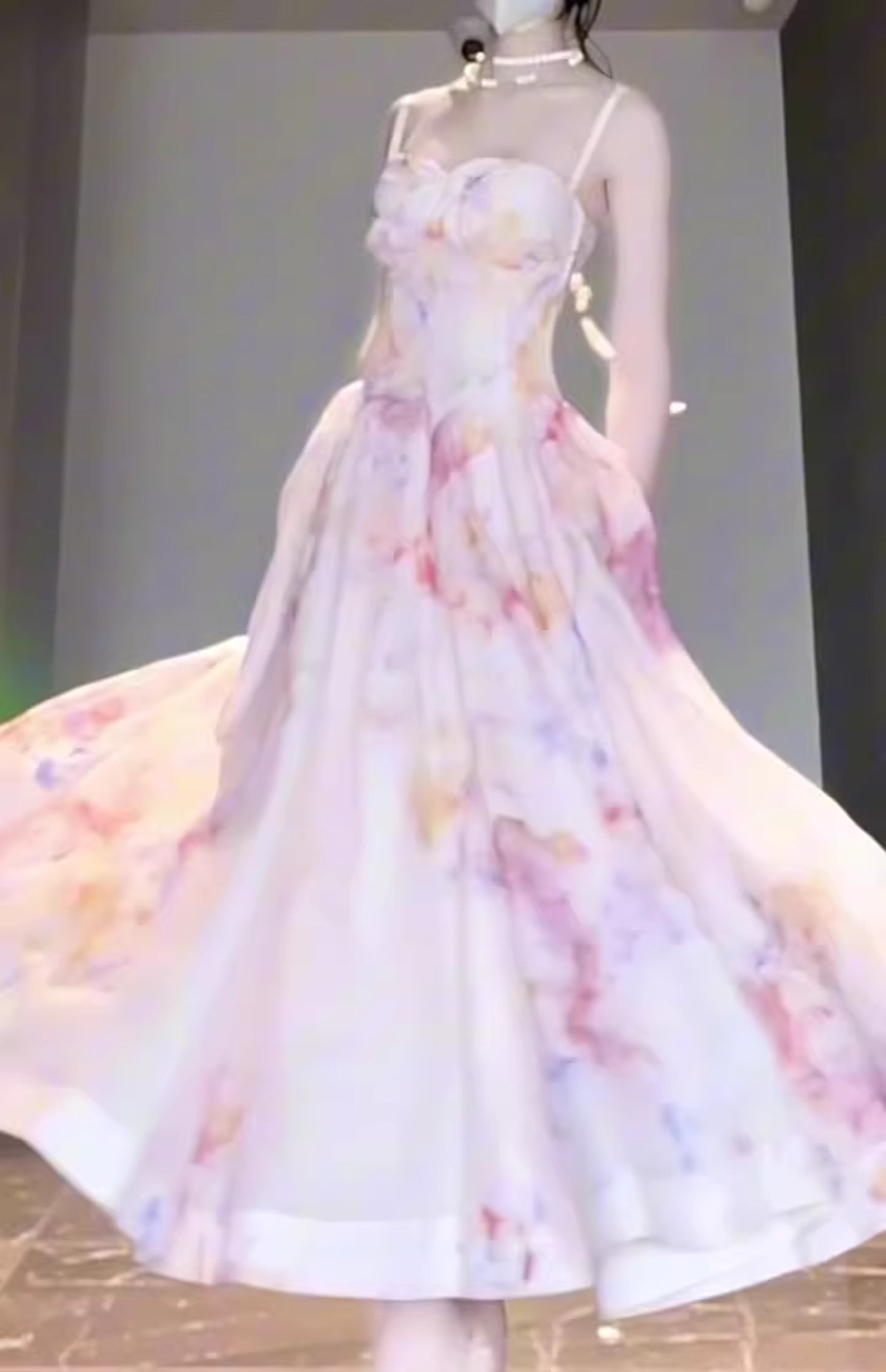 Gentle temperament pink floral suspender dress beautiful waist dress R0685