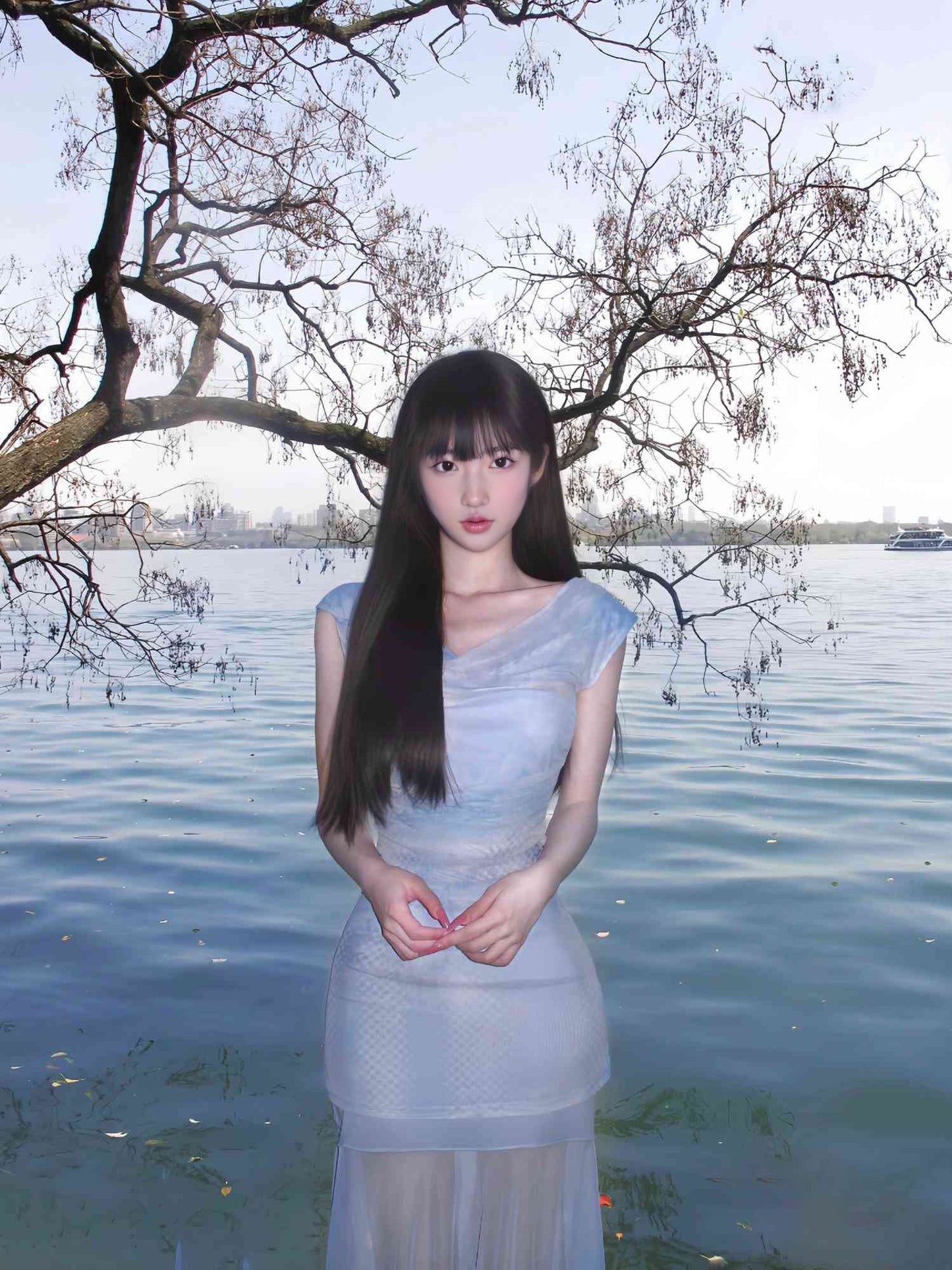 Blue floral one-shoulder dress, gentle temperament, beautiful waist and hip skirt R0686