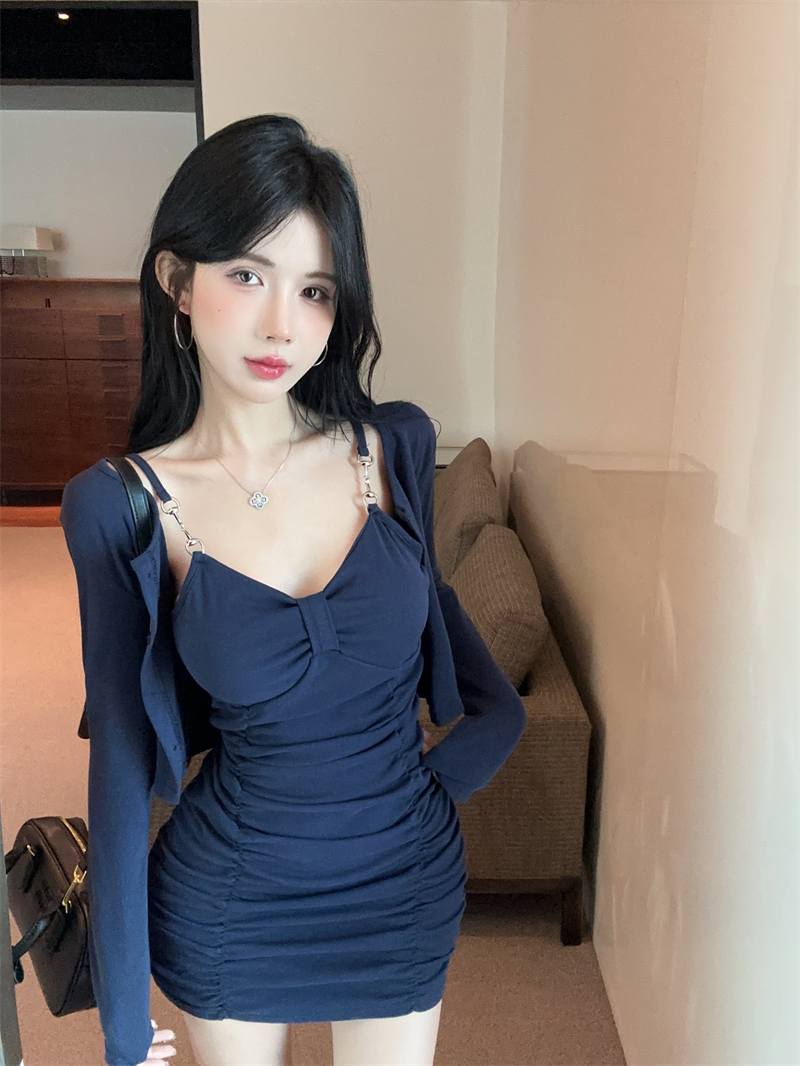 Hot Girl Style Sexy Bottom Slim Pleated Suspender Dress Long Sleeve Cardigan Top Two-piece Set R3789