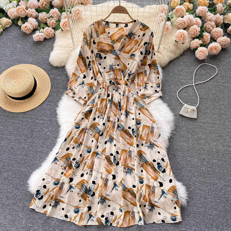 Dress goddess style temperament V-neck slim fit medium long retro print skirt R2206