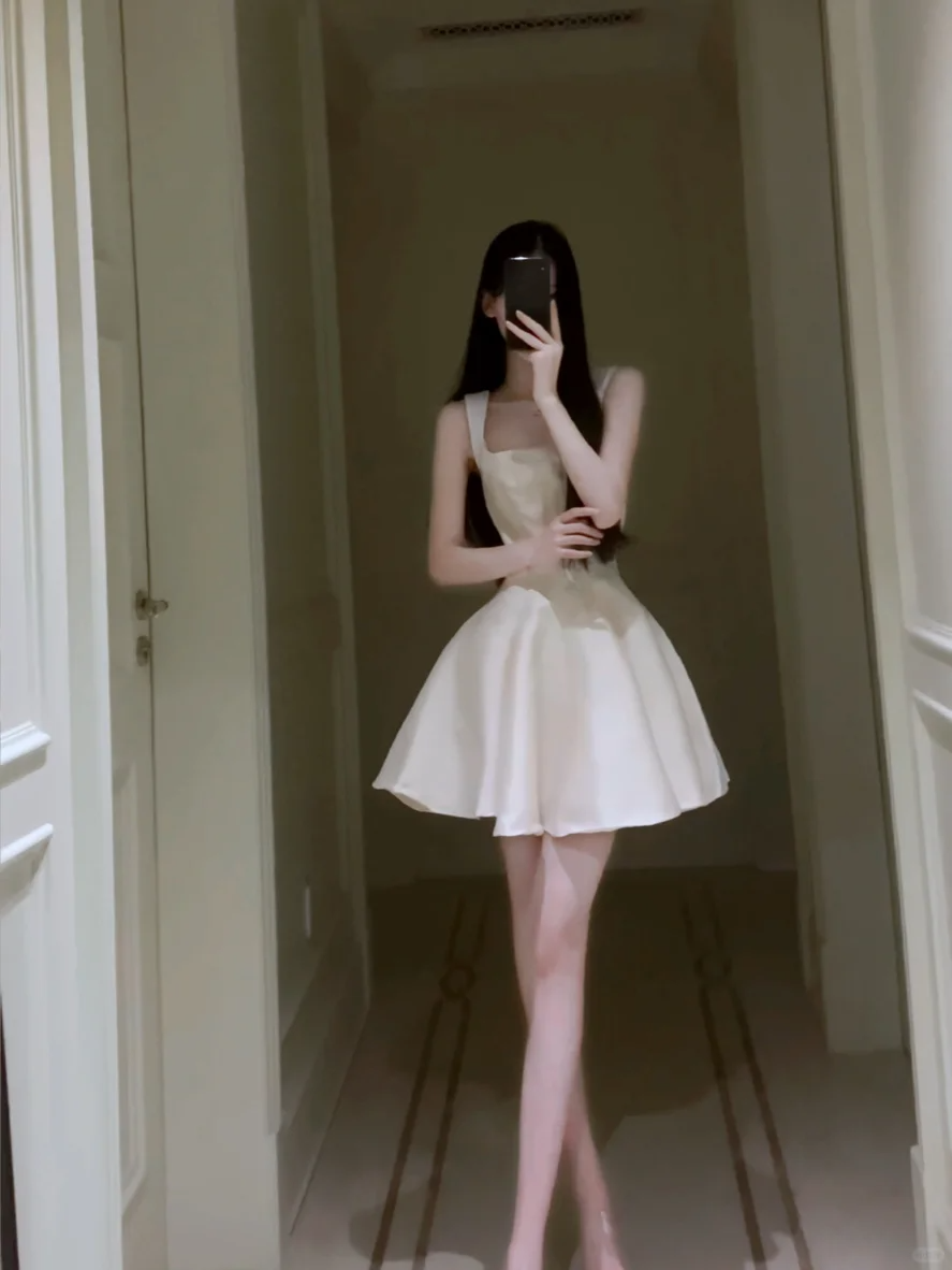 Suspender dress French style high-end waist a-line birthday puffy short skirt R0609