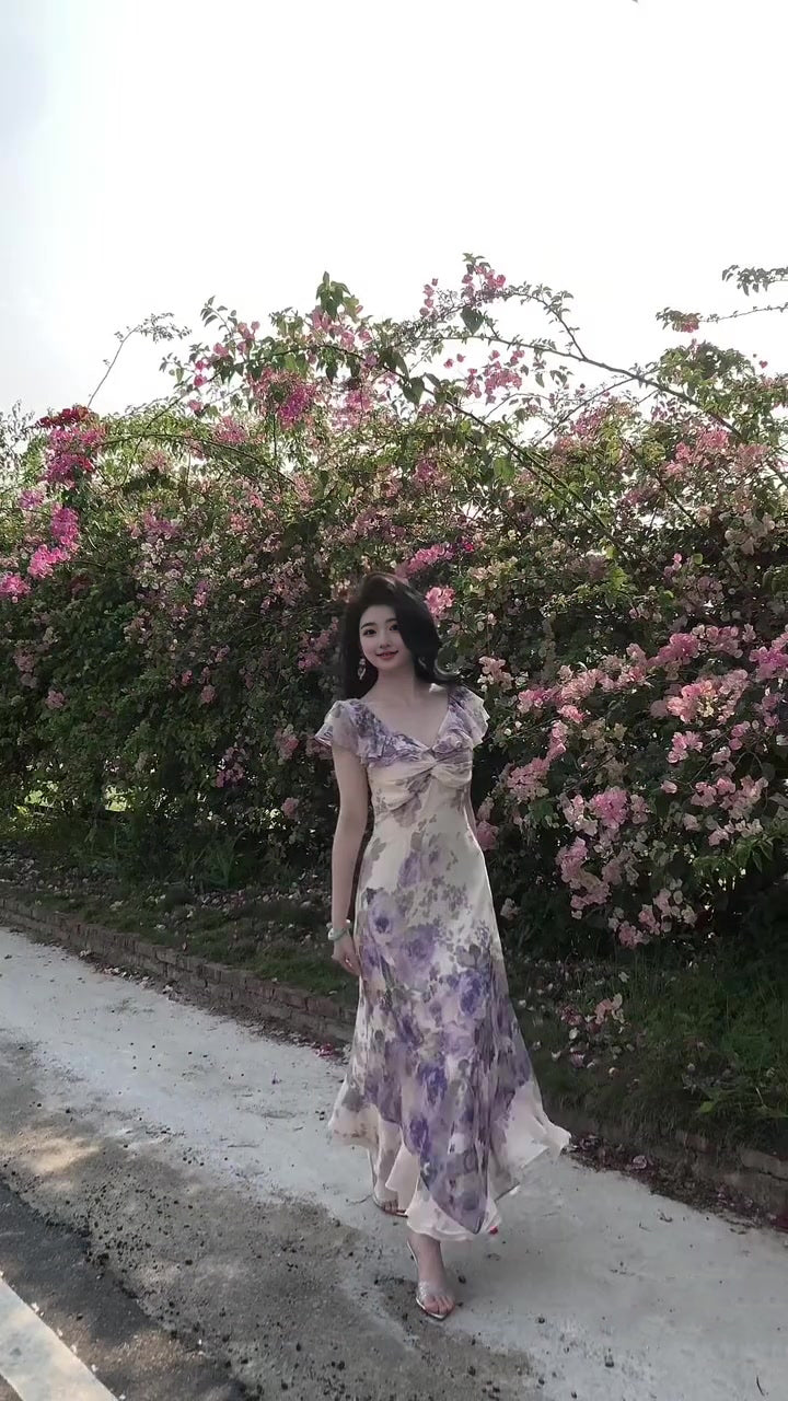 Purple V-neck floral one-shoulder dress gentle temperament waist A-line long skirt R0776