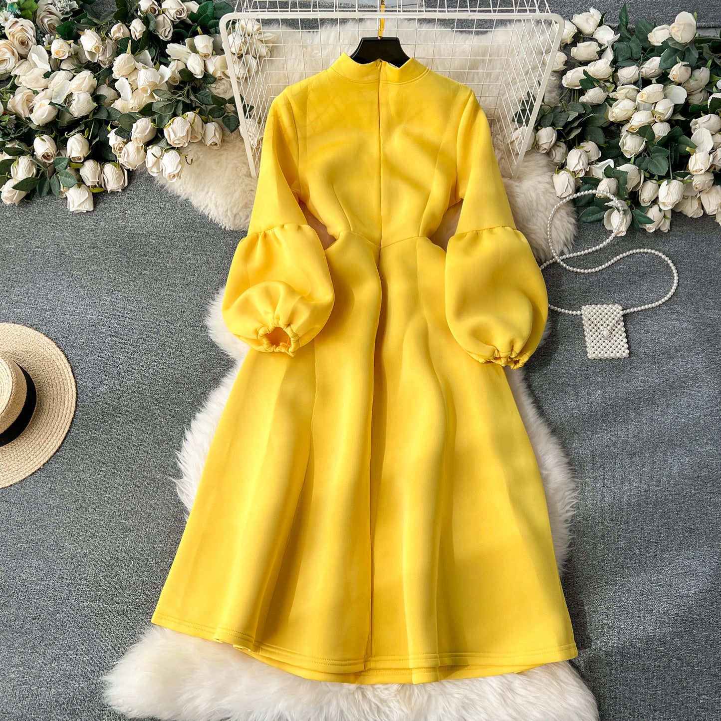 European and American high-end party dress bow tie lantern long sleeve waist big swing dress R2351