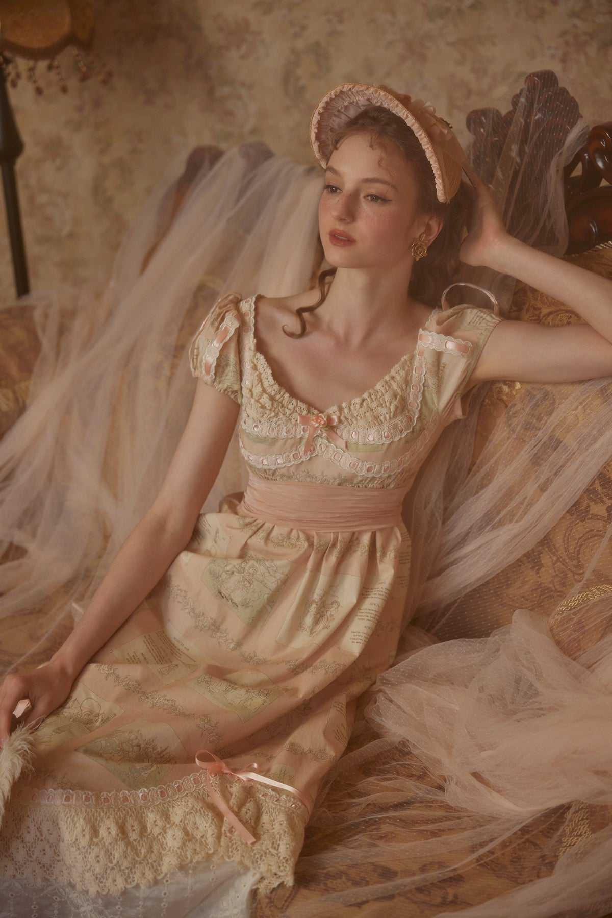 French court style empire dress printed lace dress cotton homecoming dress R5116