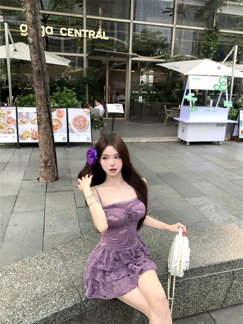 Sexy purple suspender dress with elegant waist and slimming A-line short skirt R0541