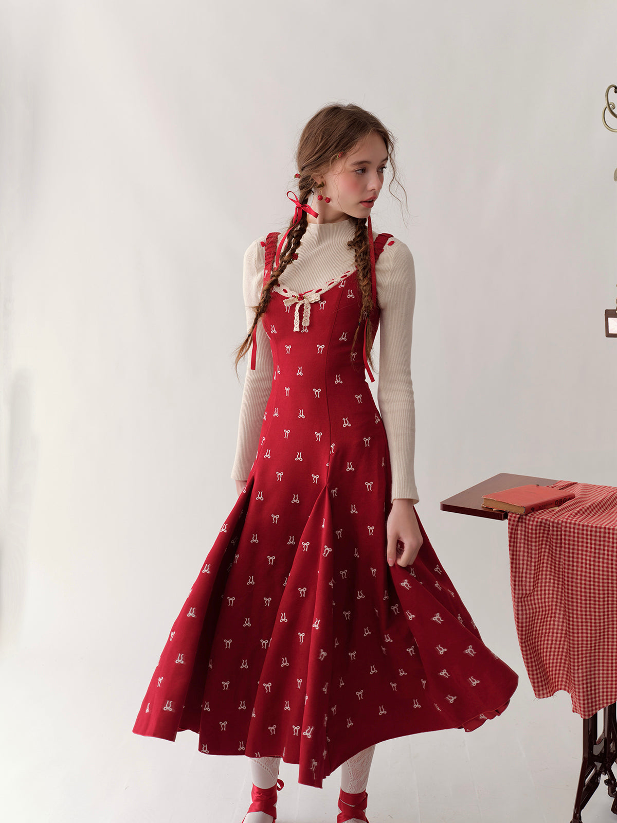 French girl playful bow red waist dress atmosphere homecoming dress R5147