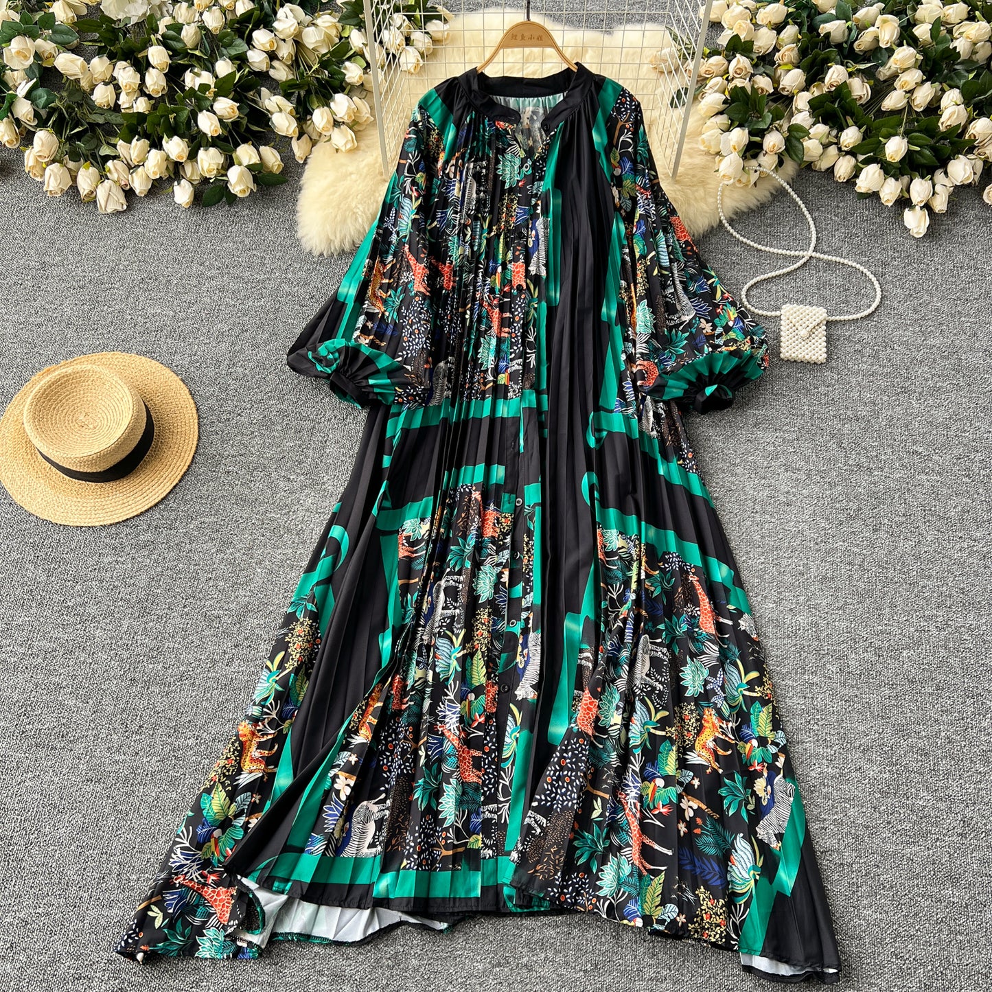 European and American style pleated printed dress lantern long sleeve waist slim long skirt R2322