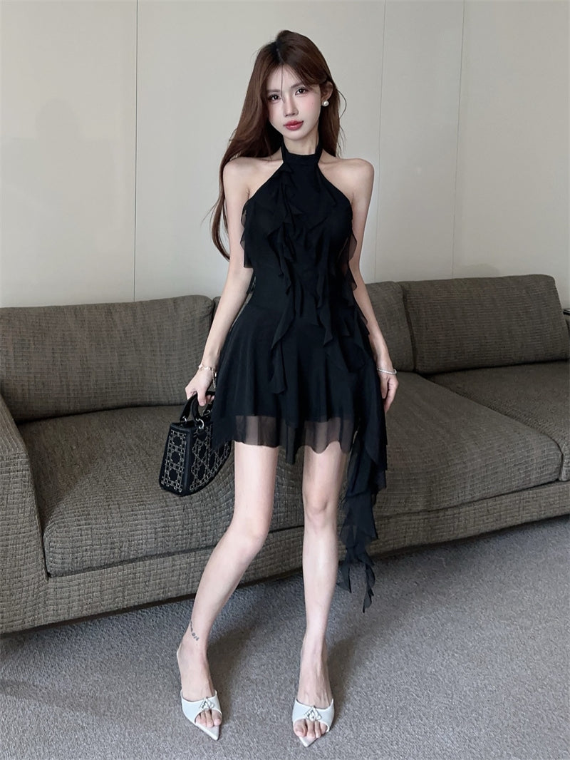 Halter neck ribbon backless little black dress irregular sexy slim fit ruffled dress for women R3708