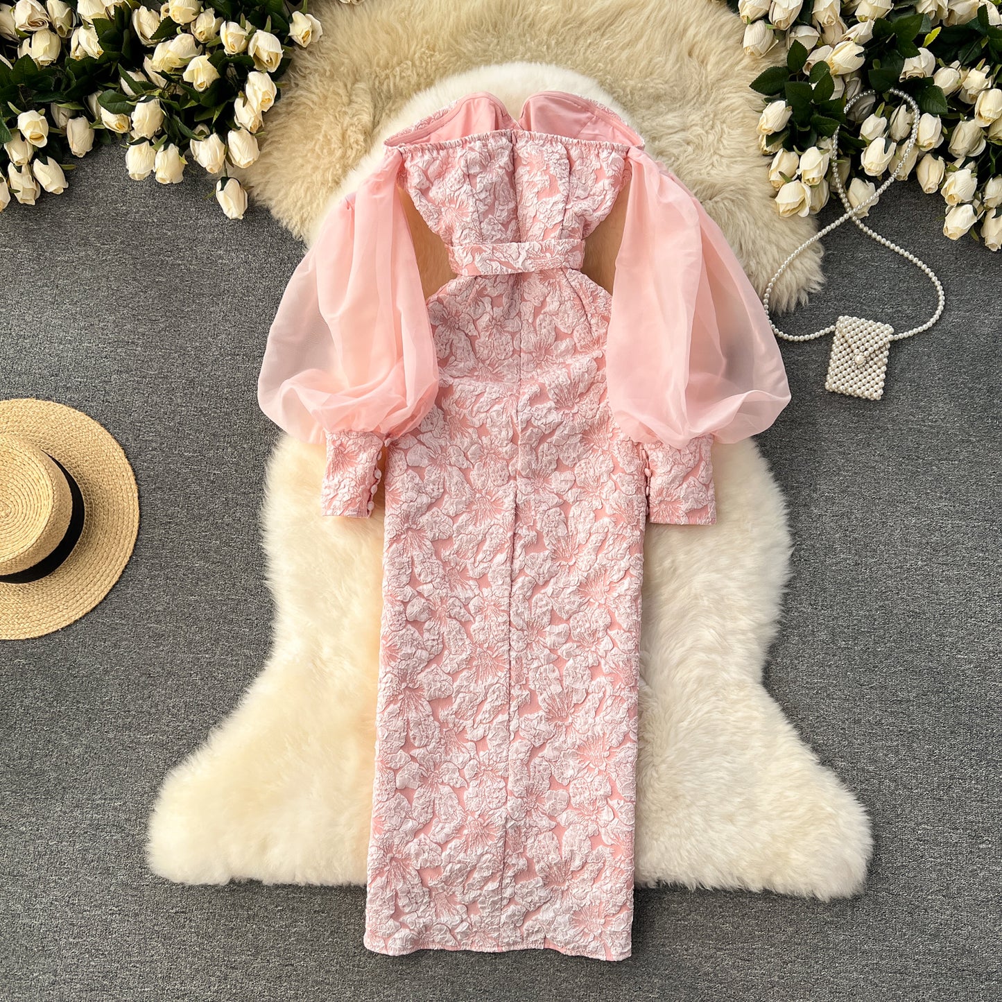 Banquet dress niche lantern sleeves sexy off-shoulder tube top slim fit long dress R2203