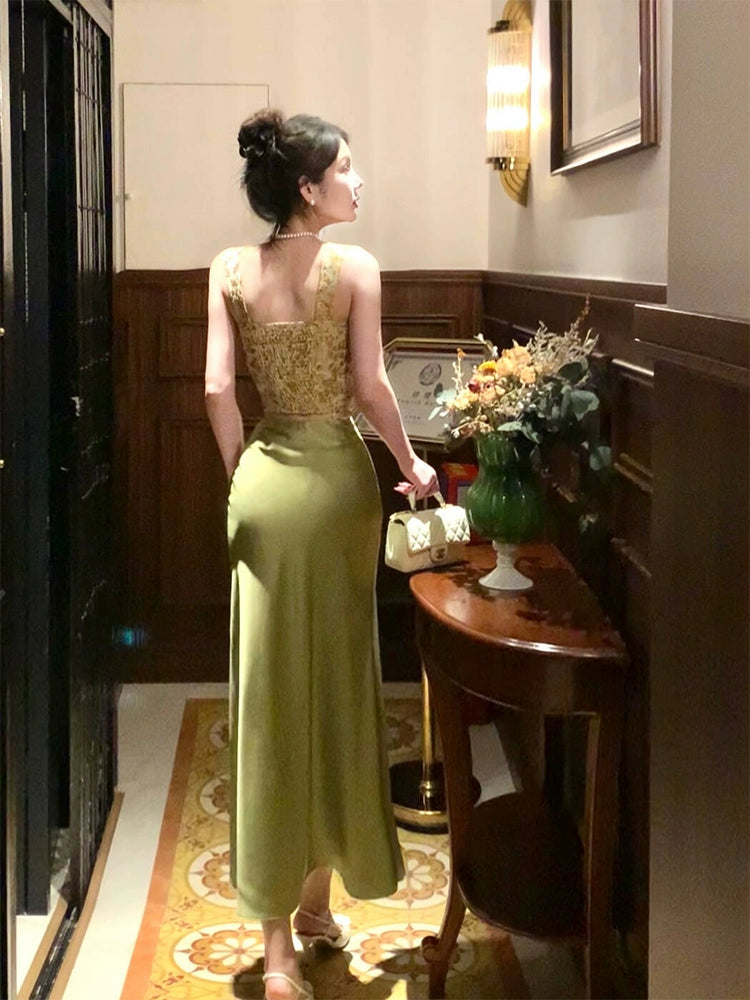Retro Jacquard Suspender Top Satin Dress long party dress evening dress S6201