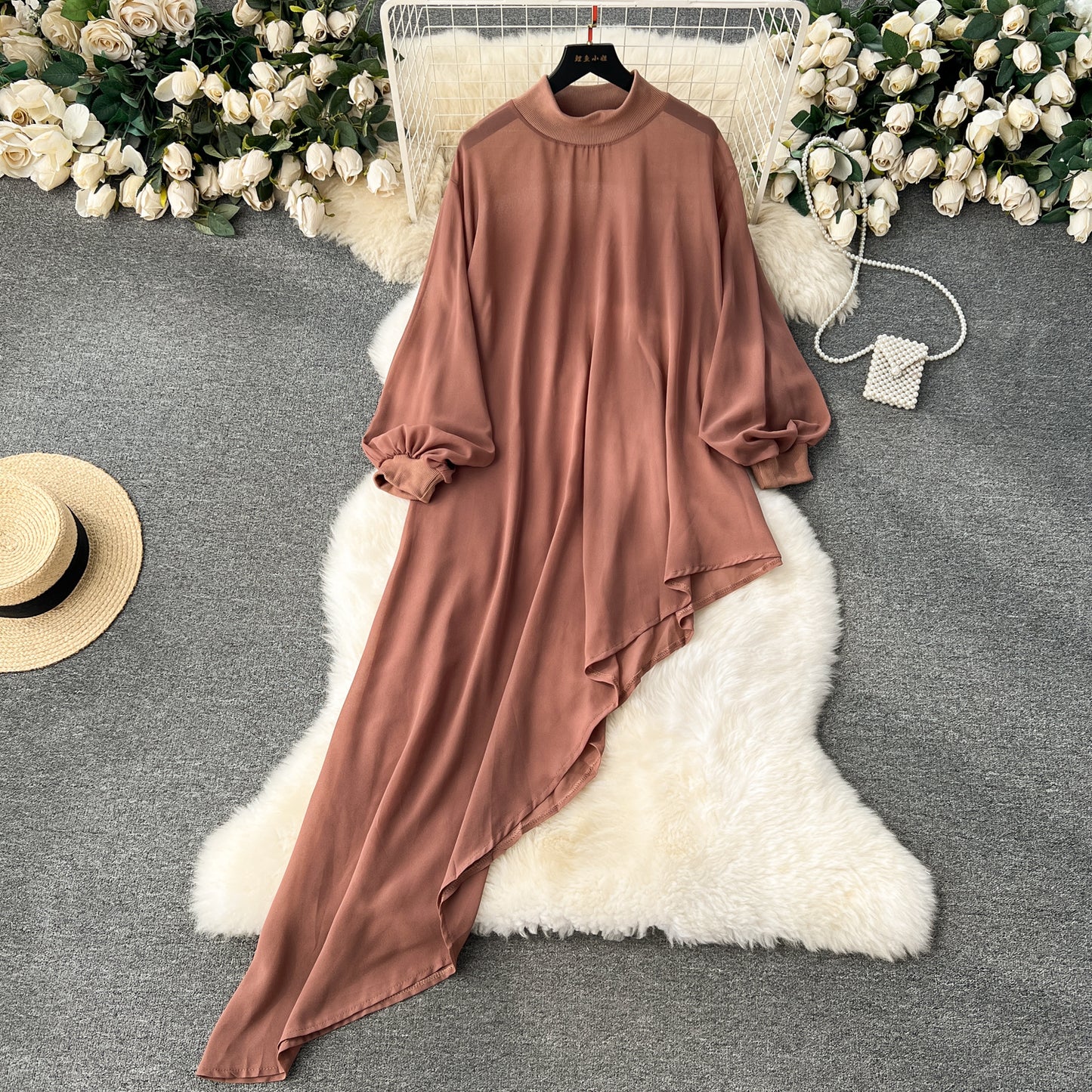 European and American large size chiffon design irregular mid-length puff sleeve dress R2326