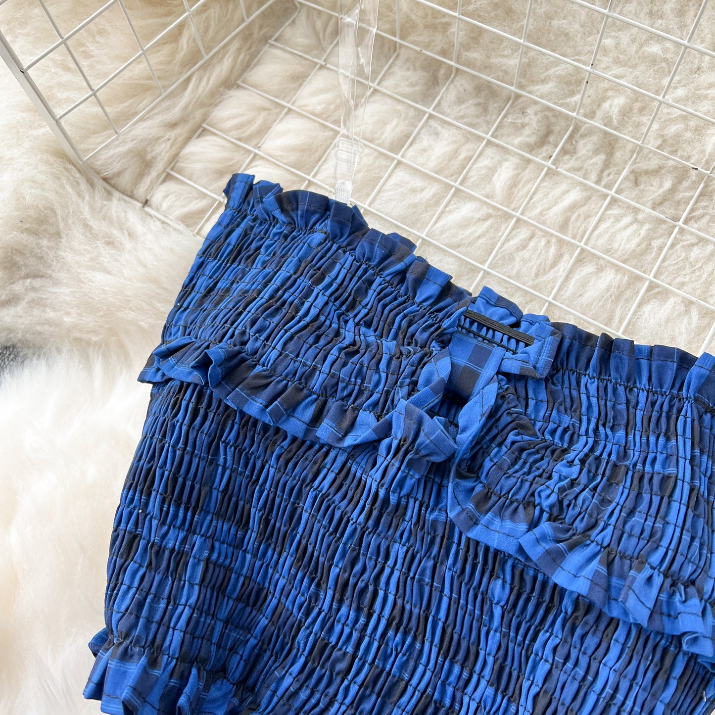 Sexy tube top plaid skirt sweet wood ear edge elastic slim long slit dress R2330