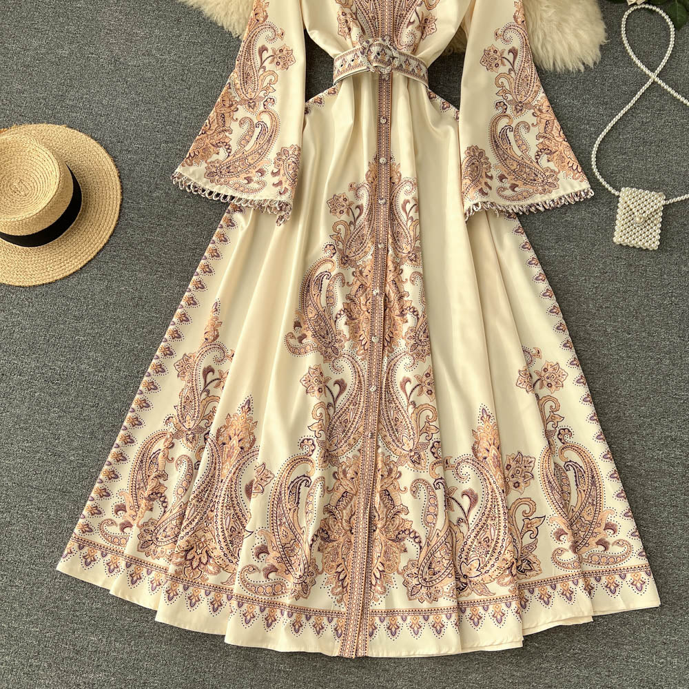 New ethnic style stand-up collar trumpet sleeves printed dress waist knee-length skirt R2334