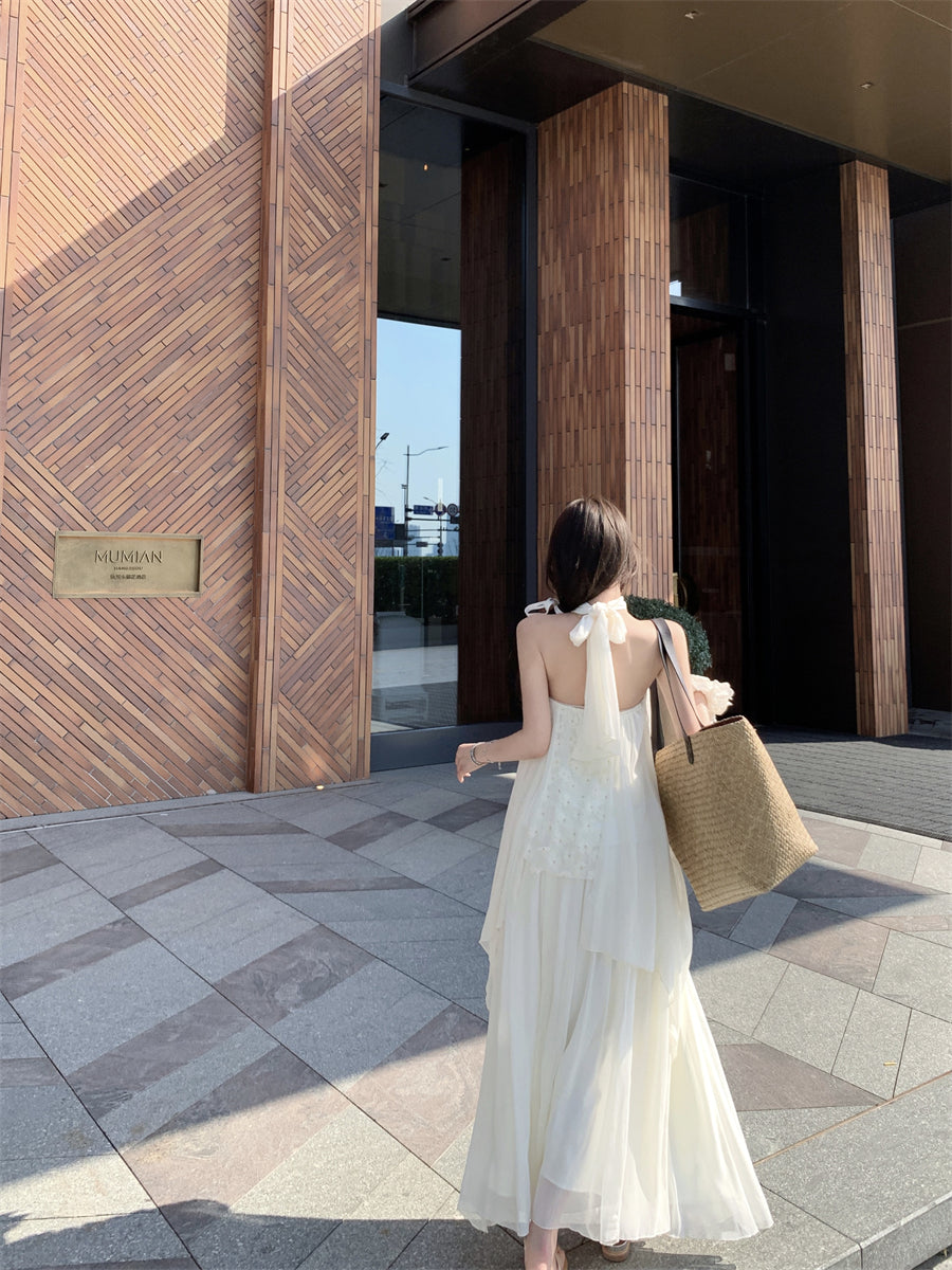 Beautiful suit outfit first love white floral halter neck top skirt two piece skirt R0689