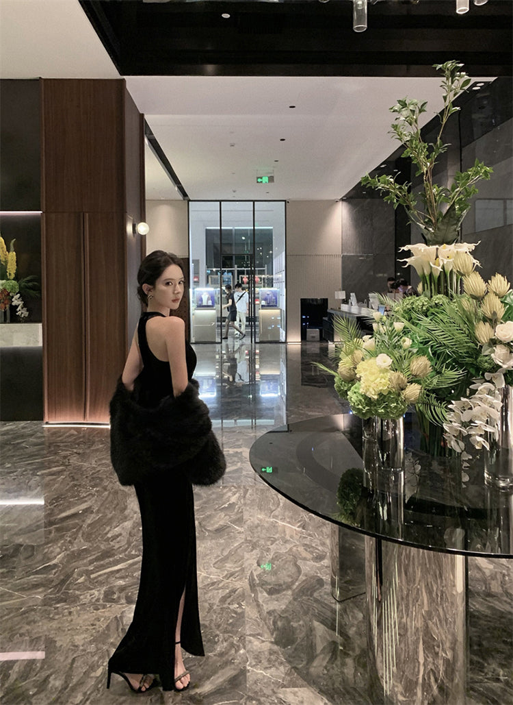Birthday dress high-end dress high-end niche temperament lady black halter dress R1816