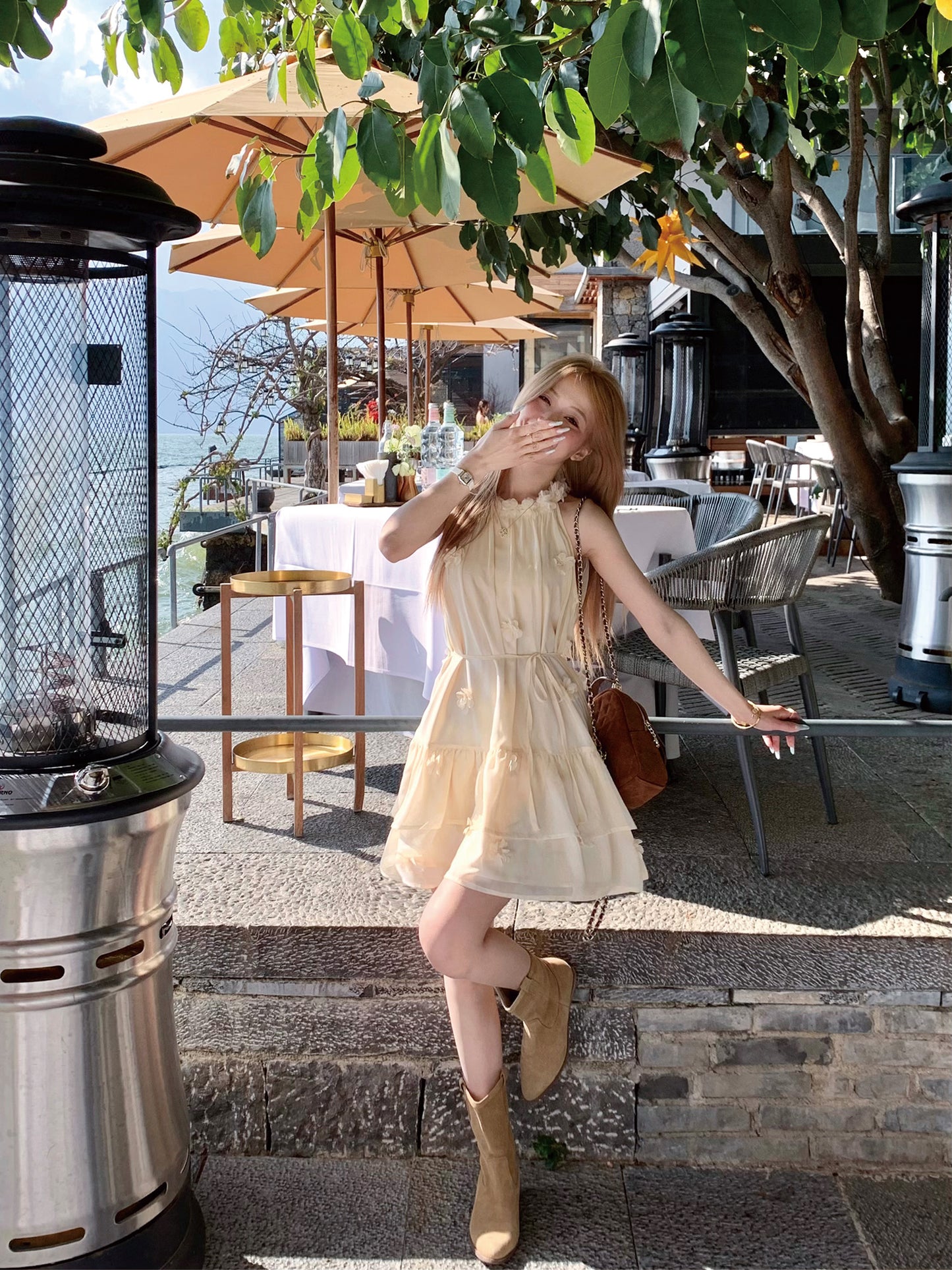 Cream Yellow Halter Neck Dress Summer French Tulle Short Skirt Babydoll Skirt R3833