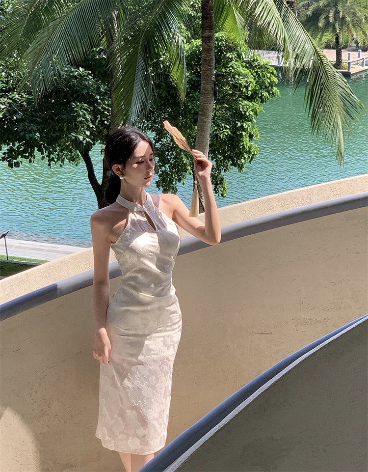 Girls improved cheongsam 2025 new style national style jacquard sleeveless halter dress R1767