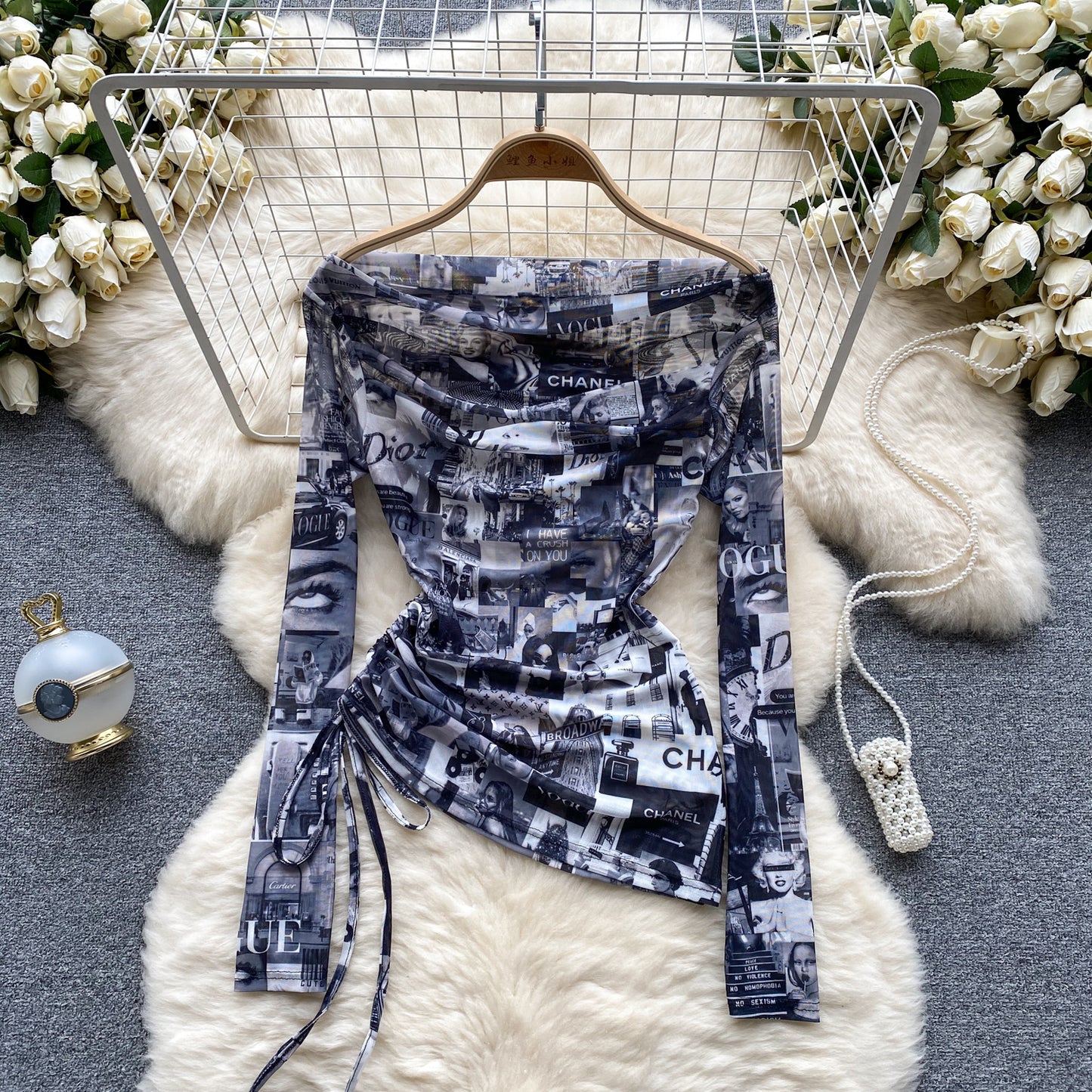 European and American hot girl style tie-dyed one-shoulder drawstring pure desire niche chic top R2296