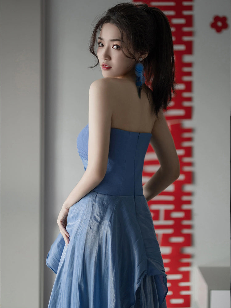 Dress blue wedding banquet high-end banquet temperament slim tube top dress R1624