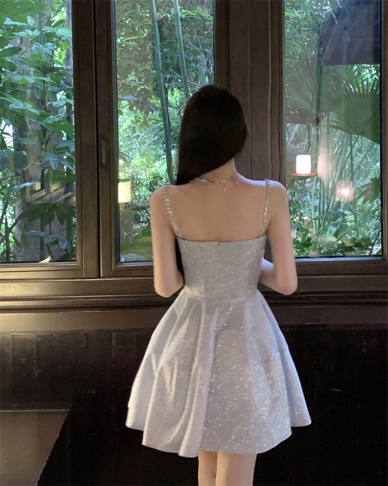 Sequined suspender dress sexy high waist slim V-neck temperament party dress R1494