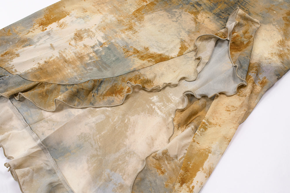 Wasteland style smudged suspender dress 2025 new holiday retro knitted irregular slit long skirt R0059