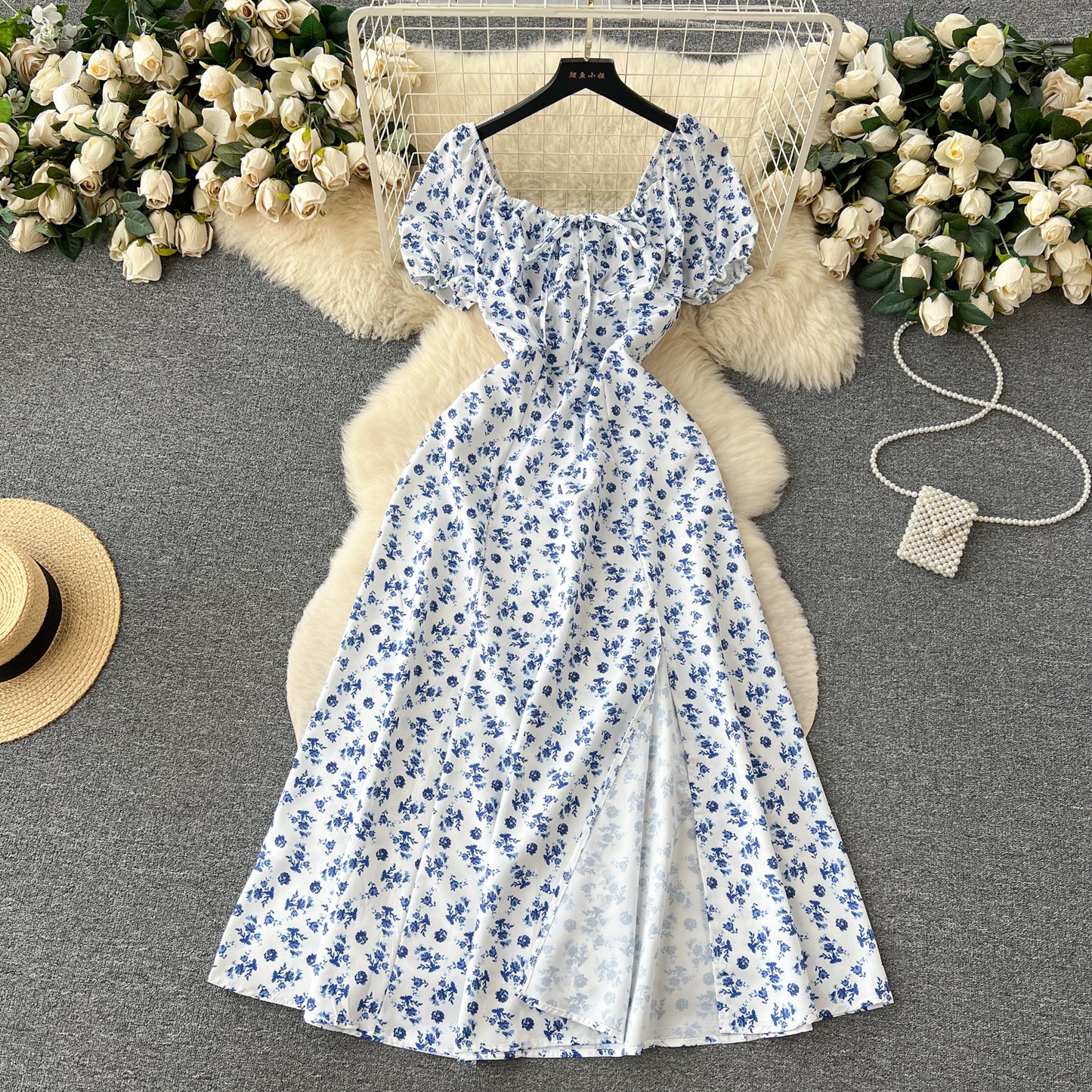 Retro romantic floral dress summer puff sleeves slit design niche chic beautiful long skirt R2248