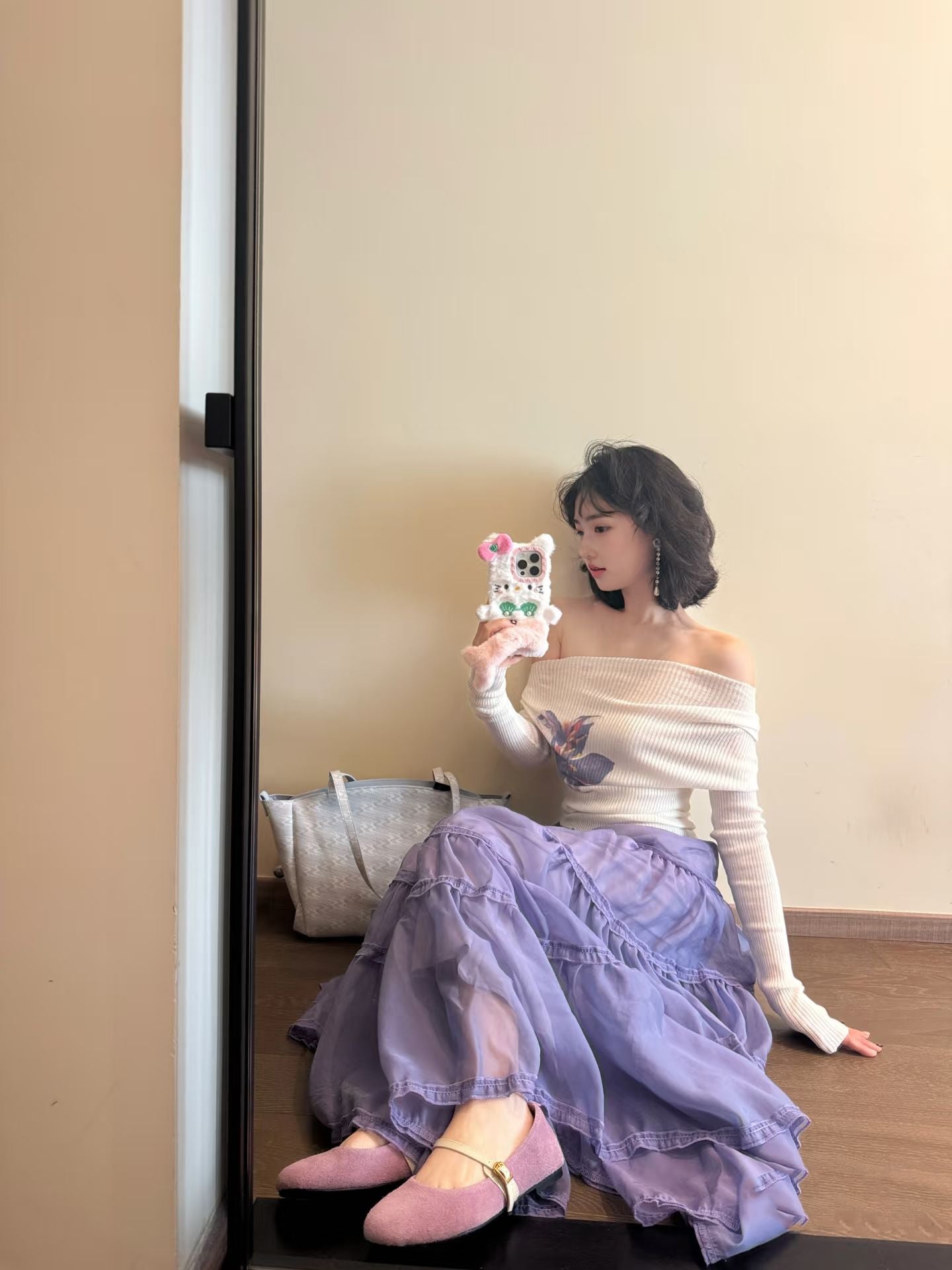 Elegant and gentle temperament one-shoulder long-sleeved top a-line skirt two-piece suit skirt R0875