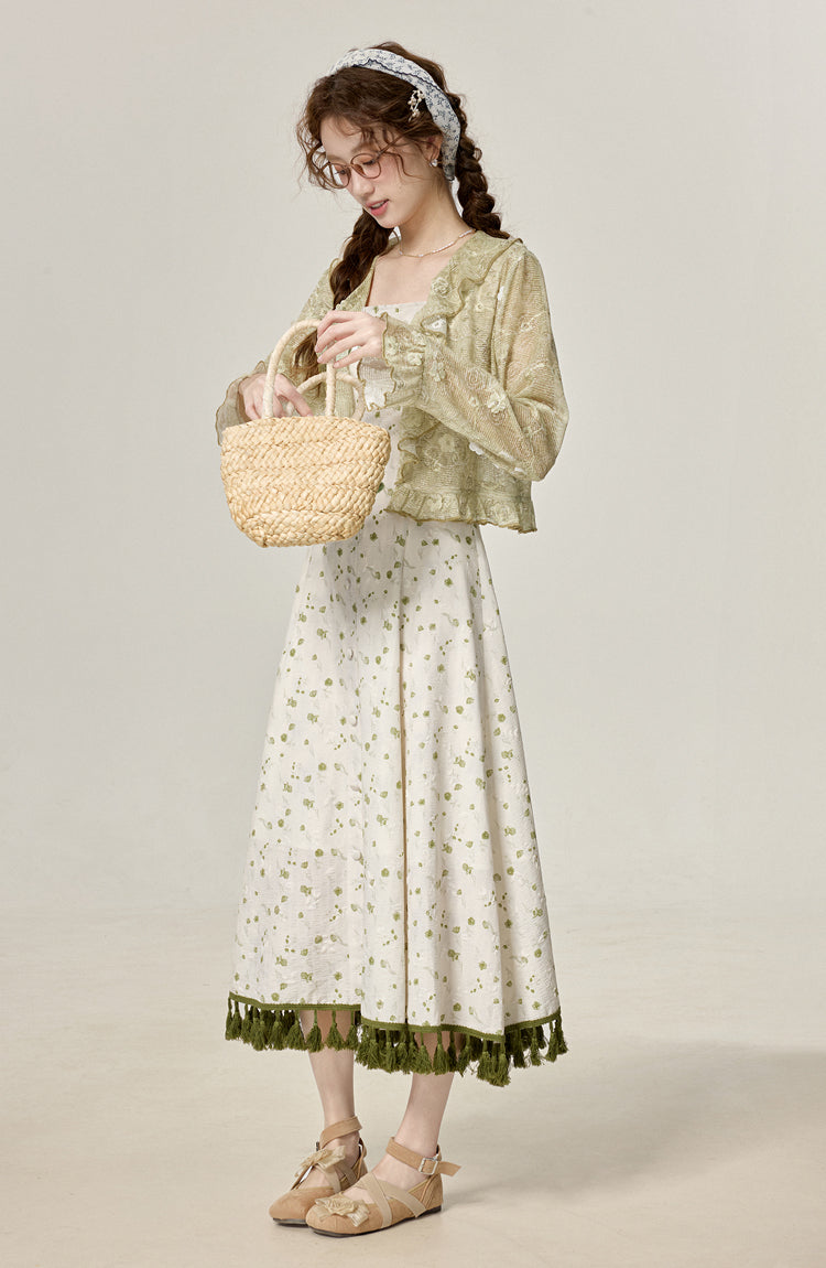 Summer temperament first love series white floral dress green sunscreen shirt R1957