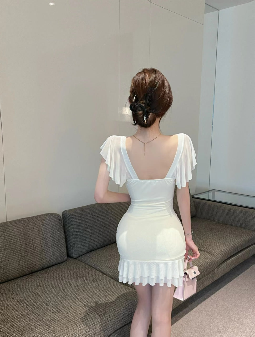 Ruffled tassel mesh dress pure and sweet high waist backless slim fit pleated hip skirt R3716