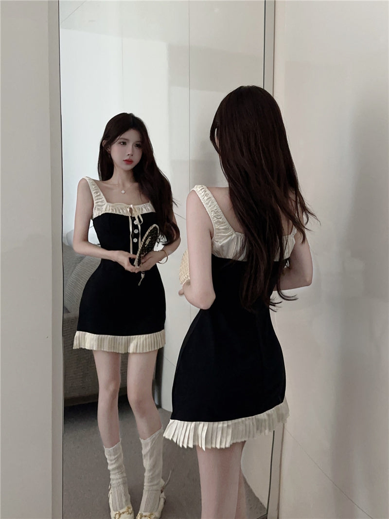 French sexy suspender dress summer slim fit ruffled hip short vest dress R3748