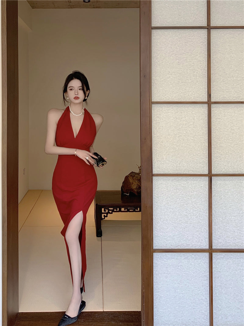 Hong Kong style retro wine red sleeveless backless slit halter neck dress beach dress R1426