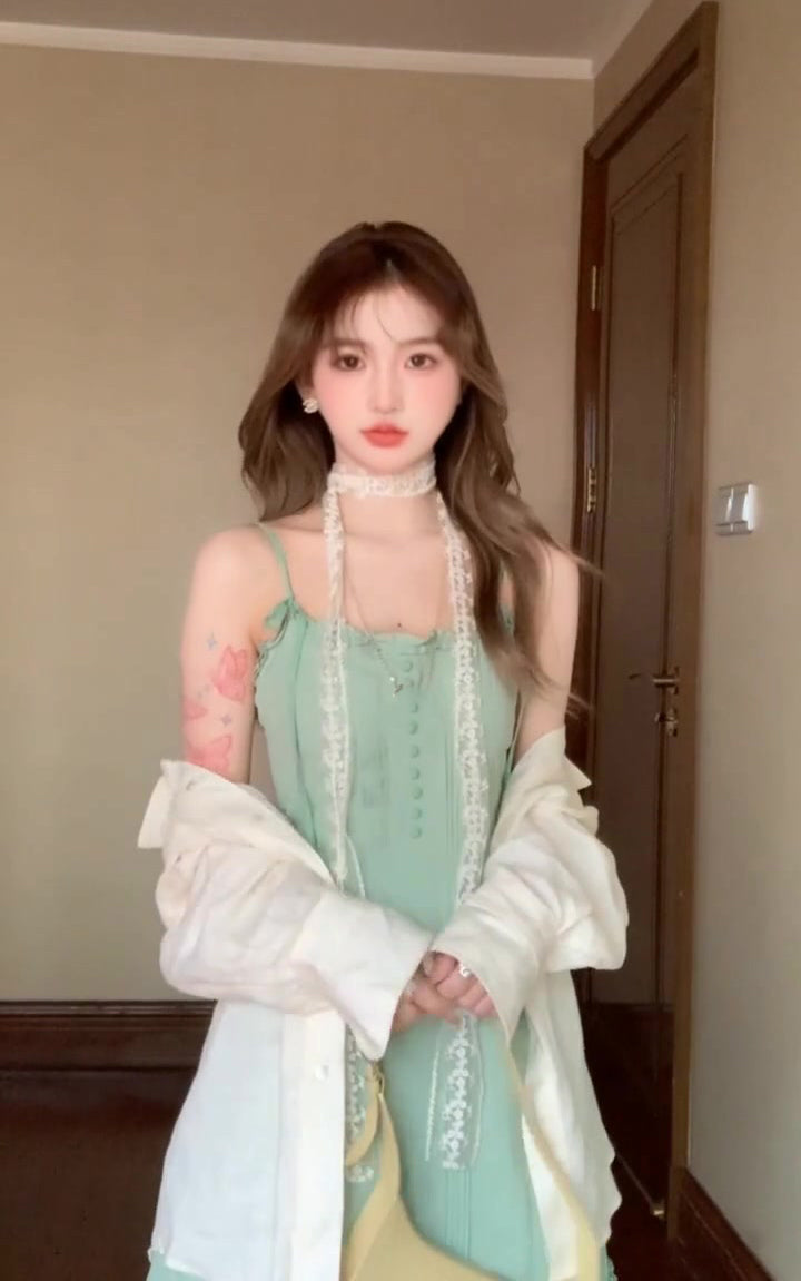 Green suspender dress holiday waist a-line short skirt beautiful skirt R0899