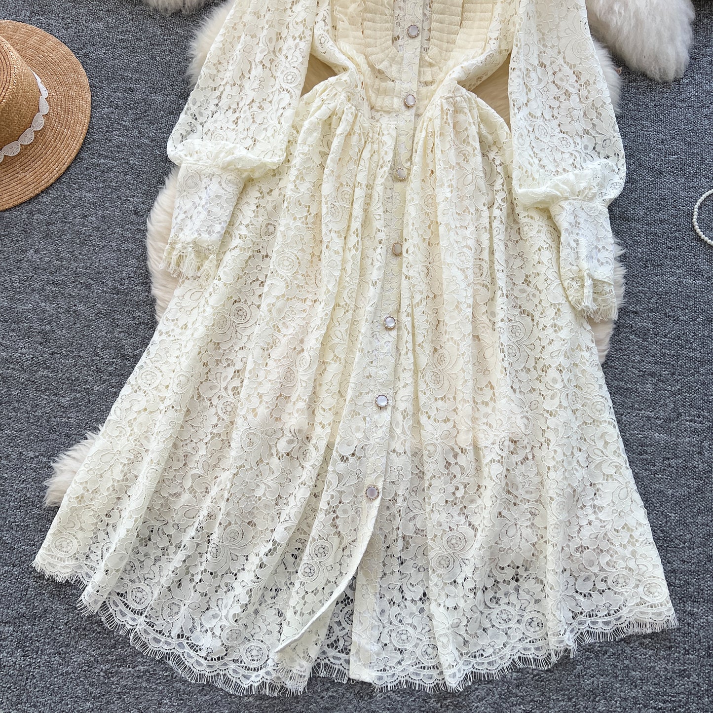 New style lapel heavy hook flower hollow French lace dress sexy long skirt R2306