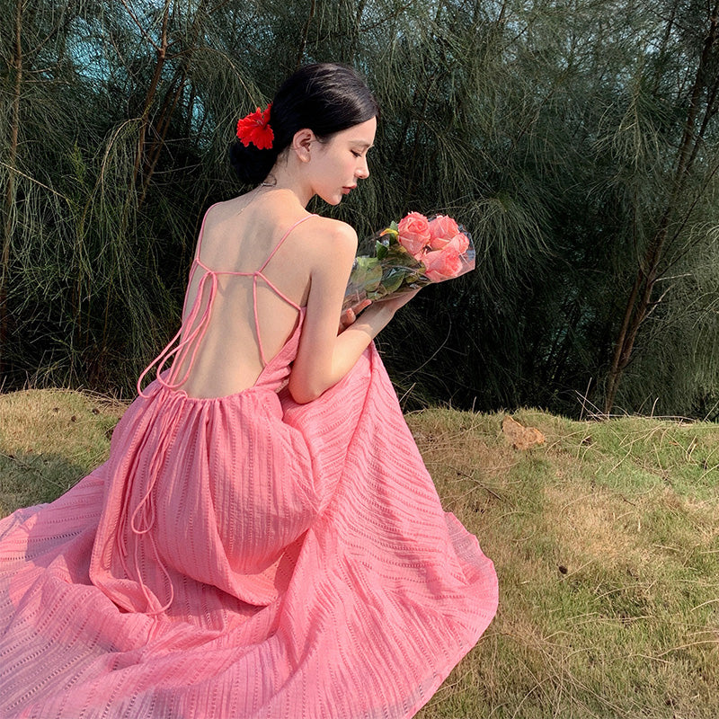 Retro niche design backless suspender dress seaside holiday outfit long dress R1459