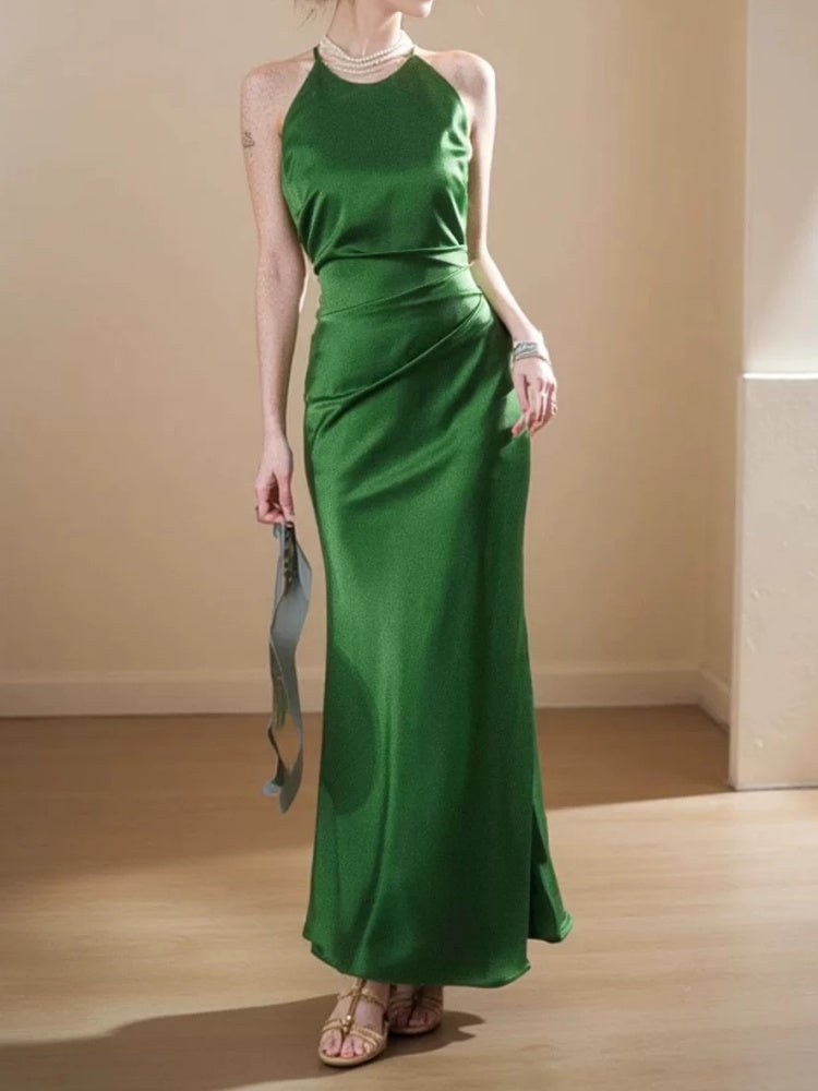 Sexy satin halter neck dress, elegant waist, slimming, hip-wrapped fishtail gentle dress R1460