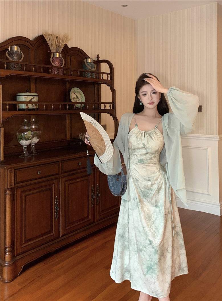 Green suspender halter dress unique chiffon sunscreen cardigan two-piece set R0616