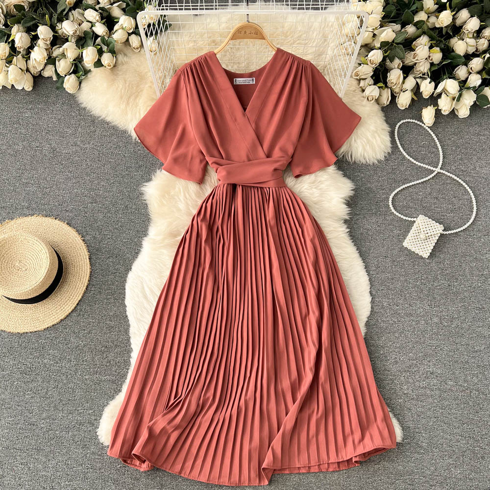 French slim fit long holiday style chiffon pleated maxi dress temperament V-neck dress R2353