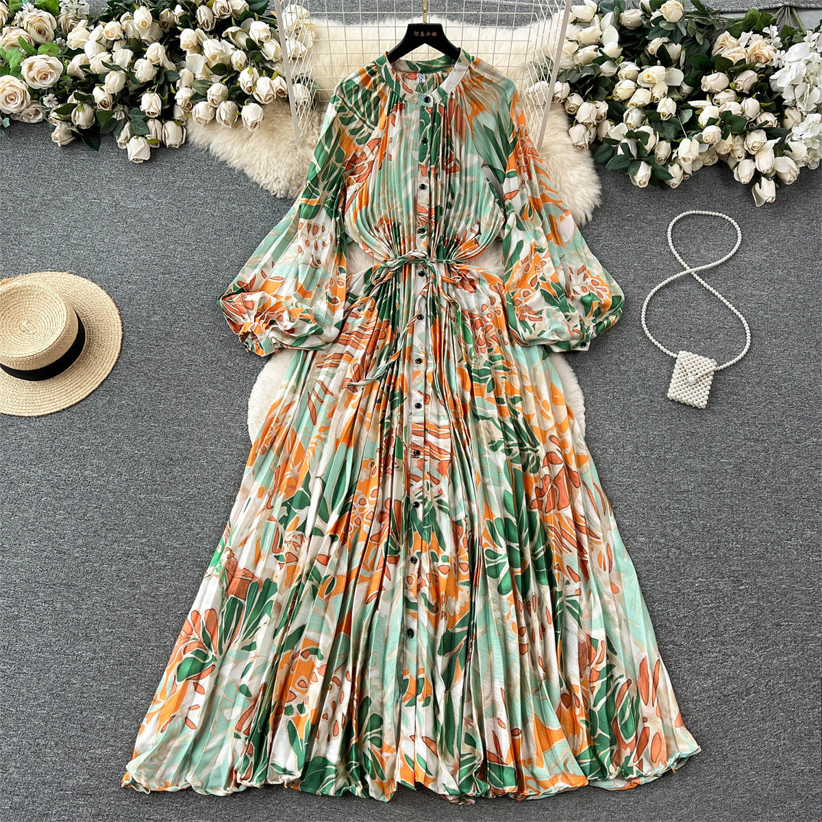 High-end temperament round neck lantern long sleeve waist slimming printed pleated dress R2302