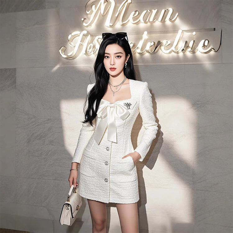 Birthday party small dress skirt high-end light luxury niche formal occasion bow white dress R1773