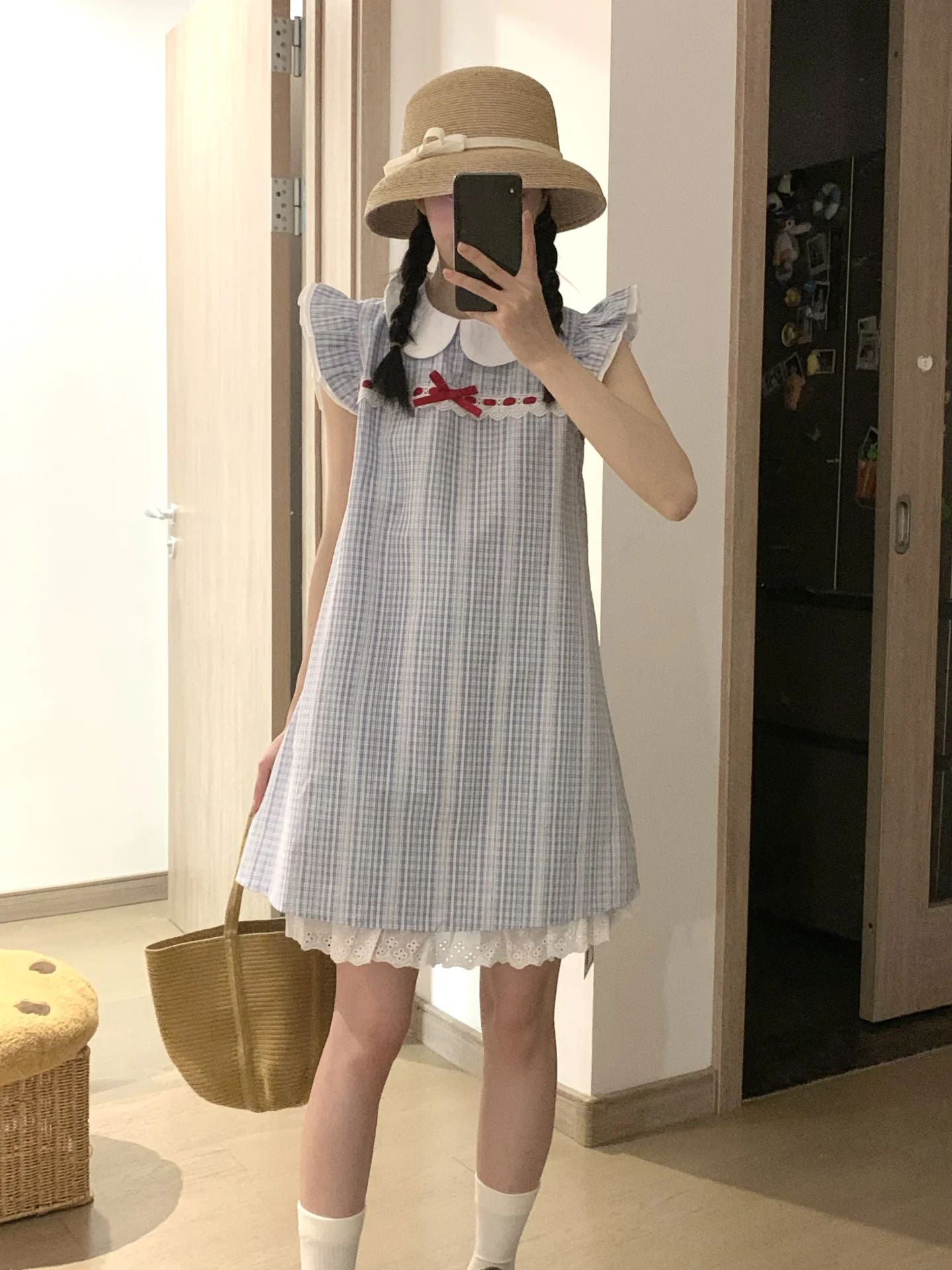 Sweet style blue plaid dress gentle temperament loose a-line short skirt 2025 new R0873