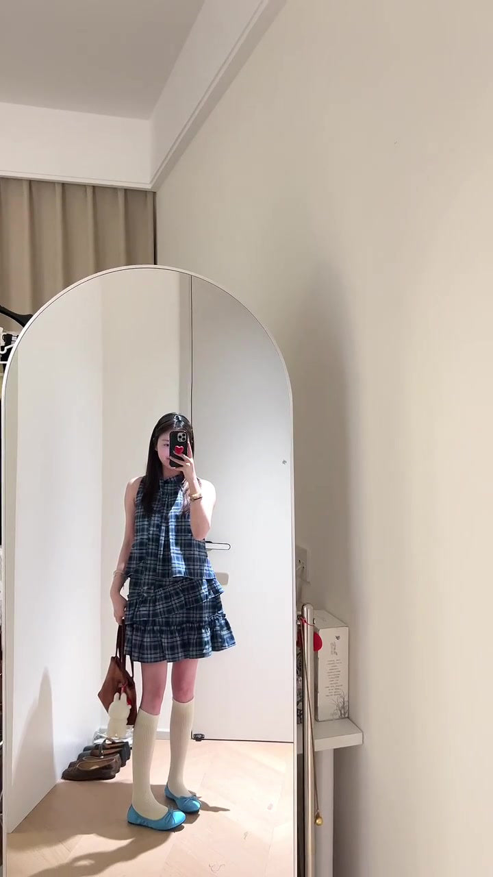 Retro blue sleeveless halter dress gentle temperament A-line short skirt R0817